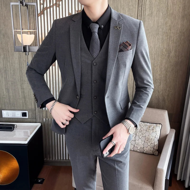 [Jacket+Vest+Pants] 2022 men's striped business suit jacket/men's slim cotton three-piece suit/men's plaid groom dress S-4XL