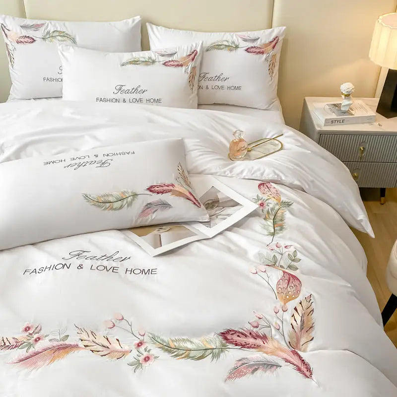 White Feather Embroidered Bedding Set Luxury 4pcs Solid Color 100%Cotton Duvet Cover Bed Sheet Pillow Shams Queen King Size