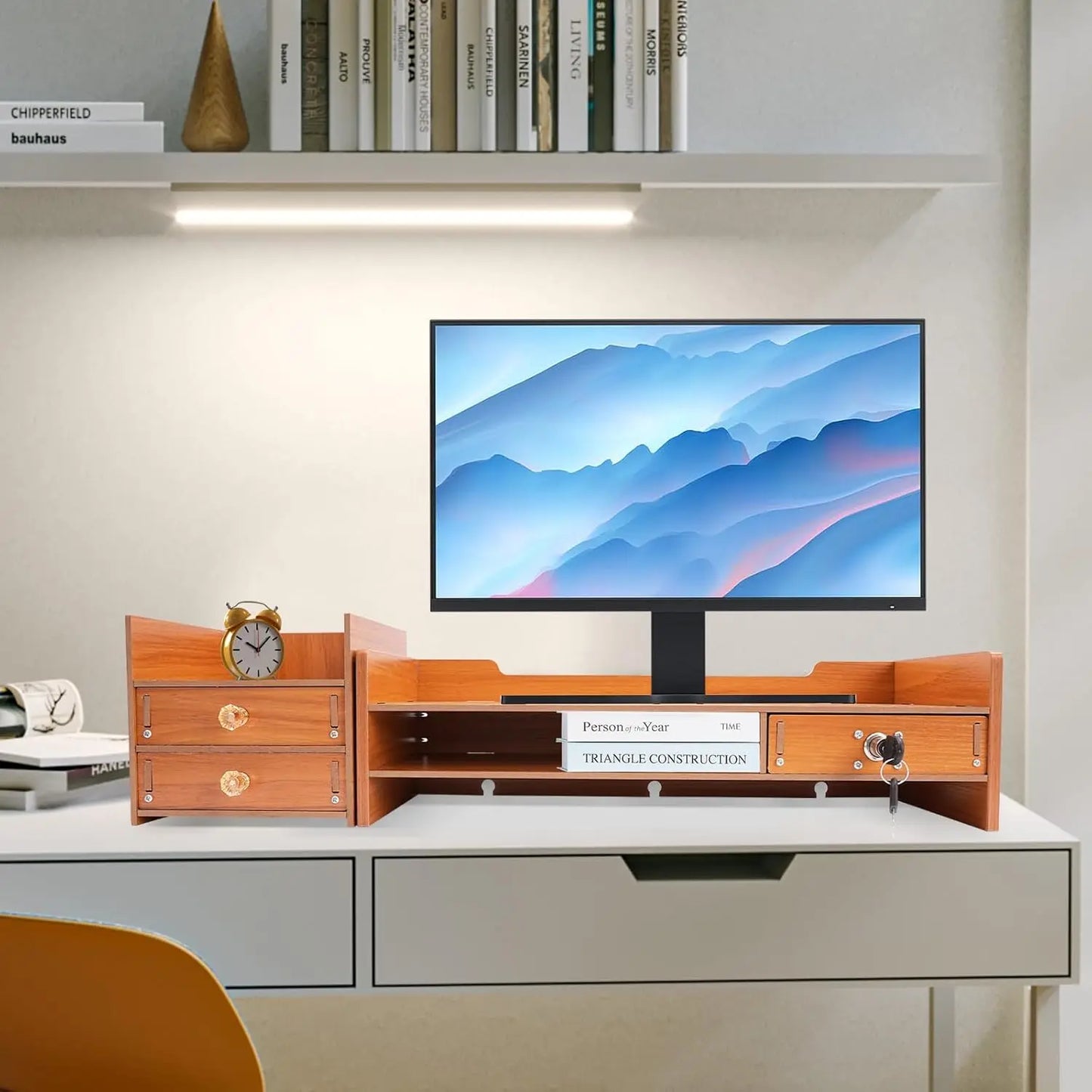 Computer Monitor Stand Desk With Storage,Wood Laptop Stand,Desk Organizer With Drawer For Office, Home, School