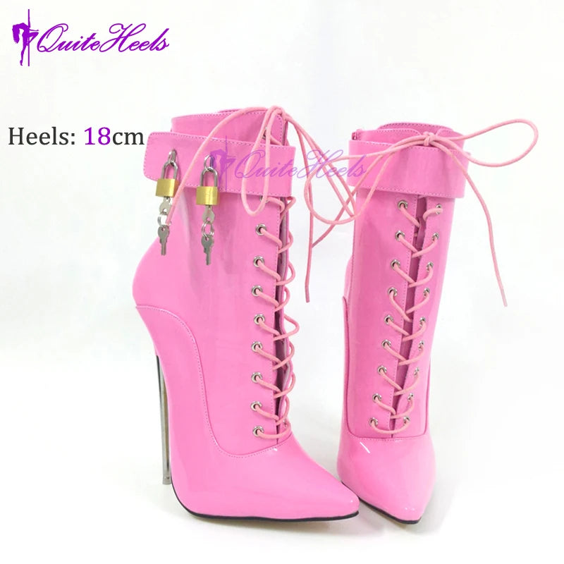 New Sexy 18CM 22cm Super High Heel Metal Stiletto Heels Ladies Pointed Toe Fetish Ankle Boots Strap Wrap Locks Shoes