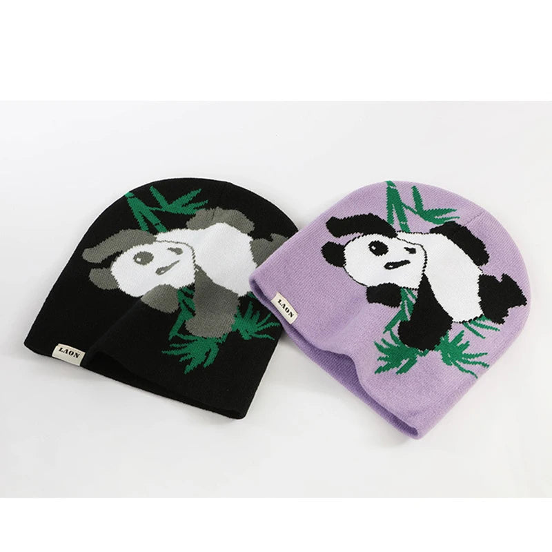 Cute Panda Beanies for Women Girls Autumn Winter Knit Hats Teens Skullies Cap Bonnets Pink Purple Black Y2K Streetwear