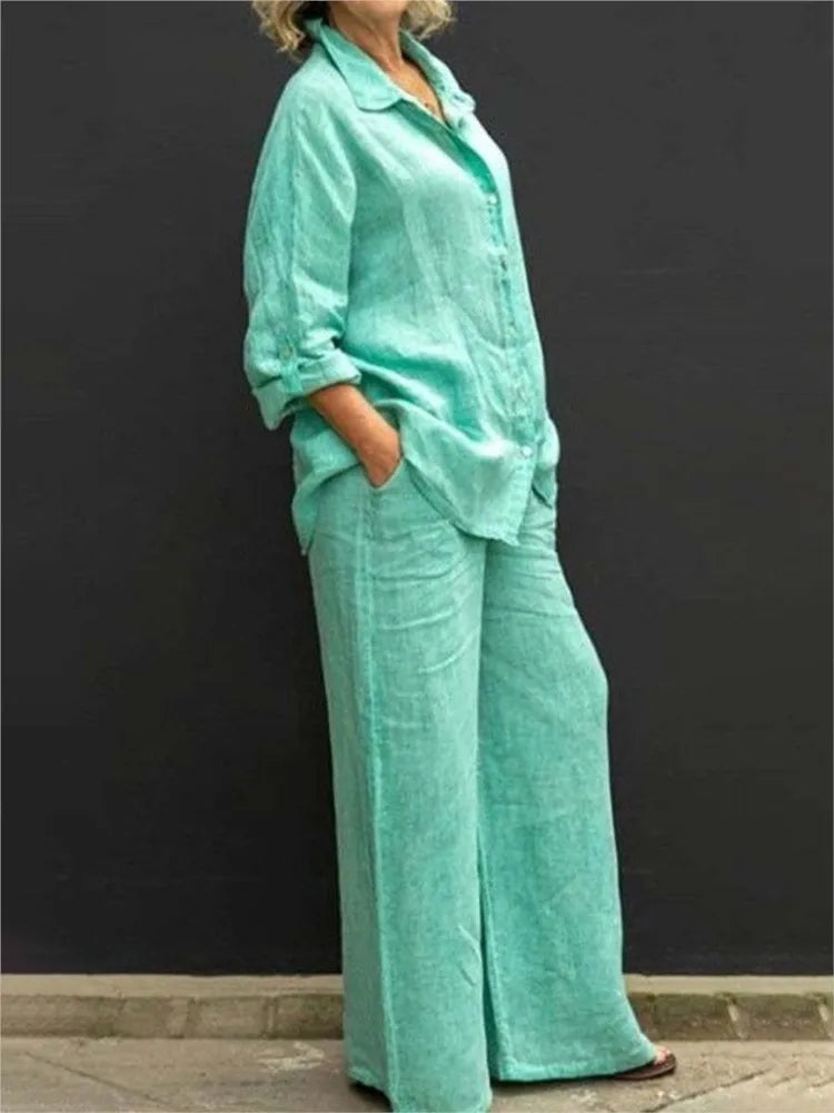 Solid Color Cotton Linen Shirt 2 Piece Set For Women Spring Autumn Long Sleeve Blouse Wide Leg Pants Suits Female Casual Outfits