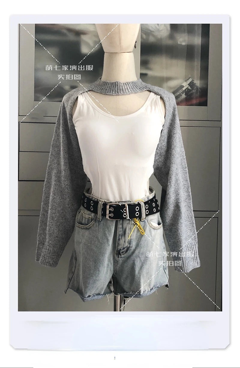 Kpop Girl Group LISA Jazz Dance Gray Slim Long Sleeve Hoodies Short White T-shirt Hip Hop Waist Denim Shorts Women Two Piece Set