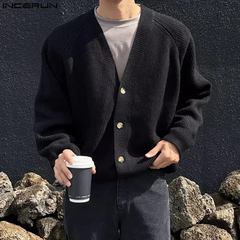 2024 INCERUN Korean Fashion Long Sleeve Tops Men V-neck Elegant Cardigan Vintage Style Simple Coats Warm Loose Sweaters S-5XL