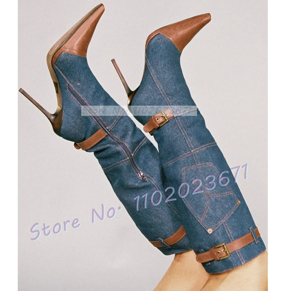 Mixed-Denim Knee High Boots With Buckle Women Newest High Heels Splicing Shoes Brown Pointed Toe Office Ladies Casual Women Boot