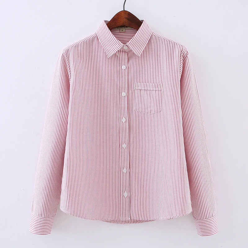 White Blue Pink Striped Shirt Women 2024 Spring New Simple Casual Long Sleeves Blouses and Tops Office Fashion Ladies Clothes