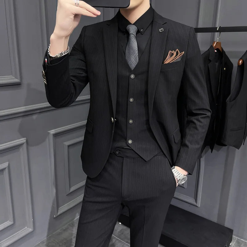 [Jacket+Vest+Pants] 2022 men's striped business suit jacket/men's slim cotton three-piece suit/men's plaid groom dress S-4XL