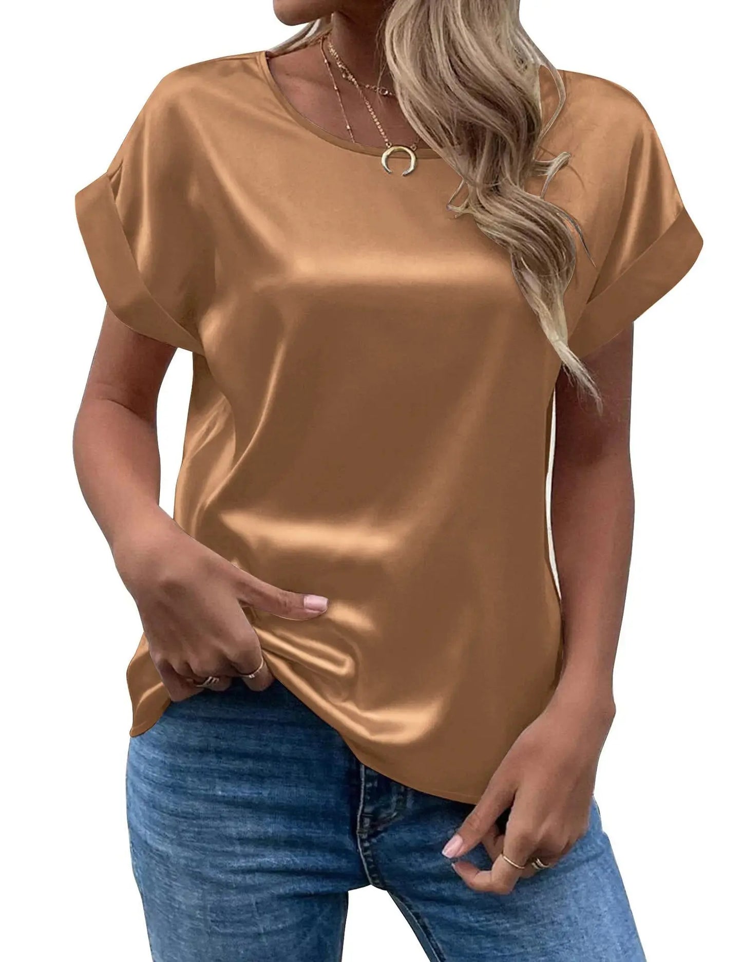 Elegant Women's Blouse Solid Tees 2023 Summer Lady Short Sleeve Satin Shirt Loose Casual Round Neck T-shirt Tops S-XXL