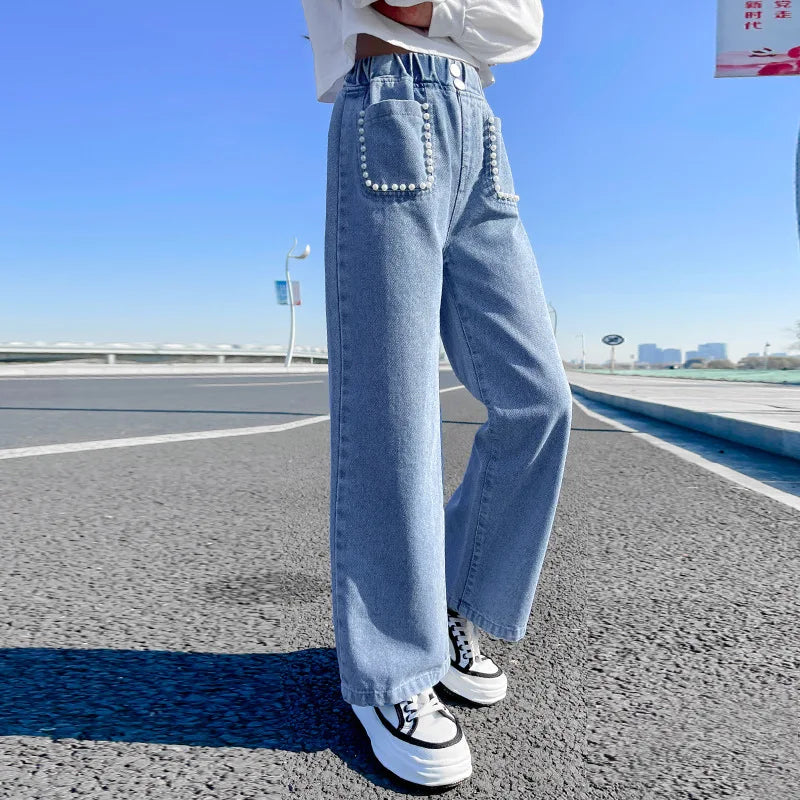 Spring and Autumn Fashion Big Children Trousers Western Style Girls Pearl Round Bag Cowboy Wide Leg Pants Teenage Denim Pants