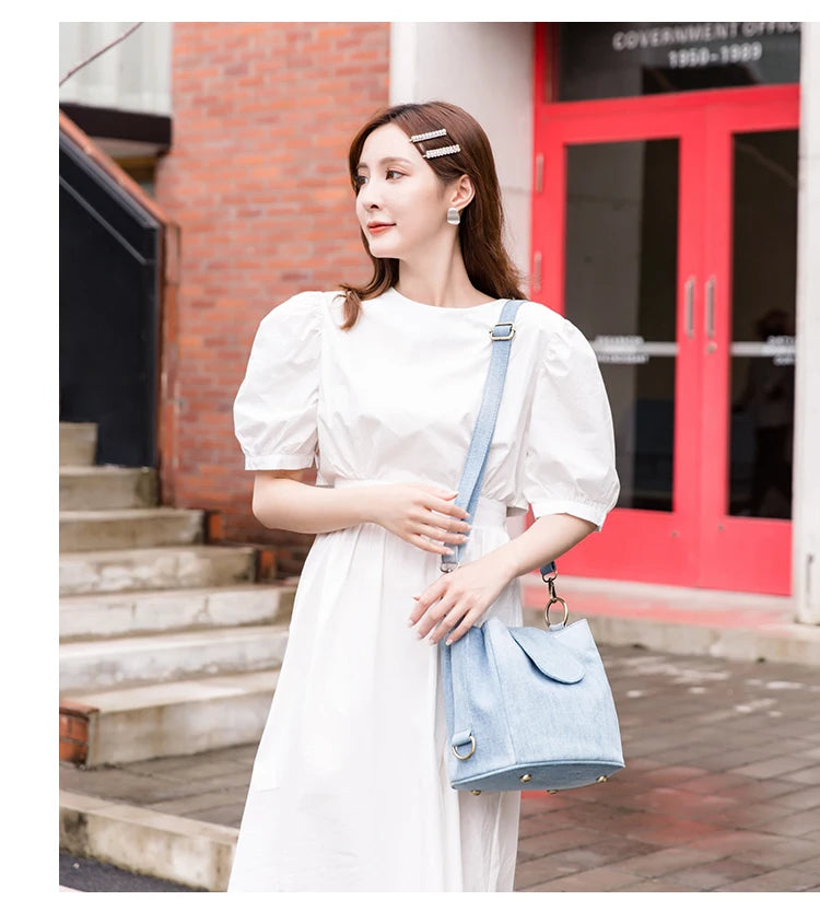 Casual Denim Bucket bag for women Shoulder Crossbody Bag Multiple pockets  ladies handbag Luxury design Female big Totes blue