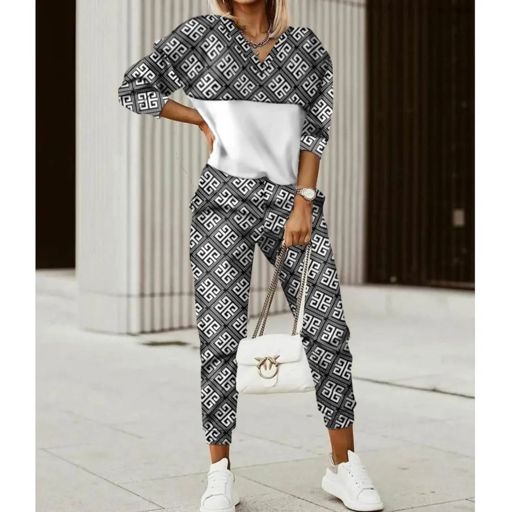 Vintage Maze Print Casual 2 Piece Sets Women Spring Autumn Fashion New Pullover Hoodie And Pencil Pants Set Casual Sport Suit