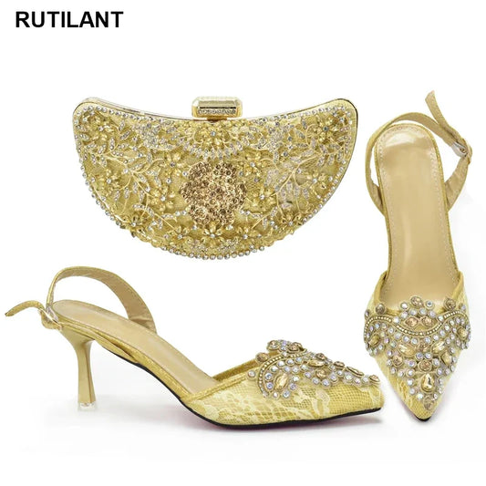 Latest Design Ladies Italian Shoes and Bag Set Decorated with Rhinestone Buckle Strap Ladies Sandals with Heels Elegant Party