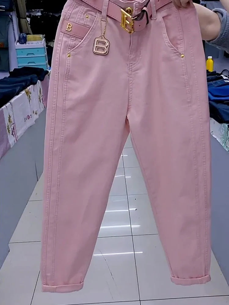 High-quality Pink High Waist Jeans for Women's 2024 New Spring and Autumn New Loose Pants