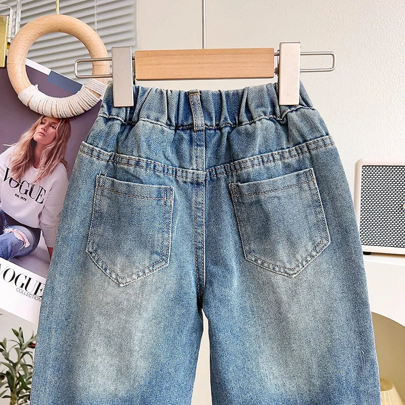 Girls Jeans Long Trousers Kids Pants Cotton 2024 Pearl Spring Autumn Baby's Teenagers Sport High Quality Children's Clothing