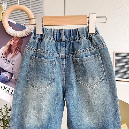 Girls Jeans Long Trousers Kids Pants Cotton 2024 Pearl Spring Autumn Baby's Teenagers Sport High Quality Children's Clothing