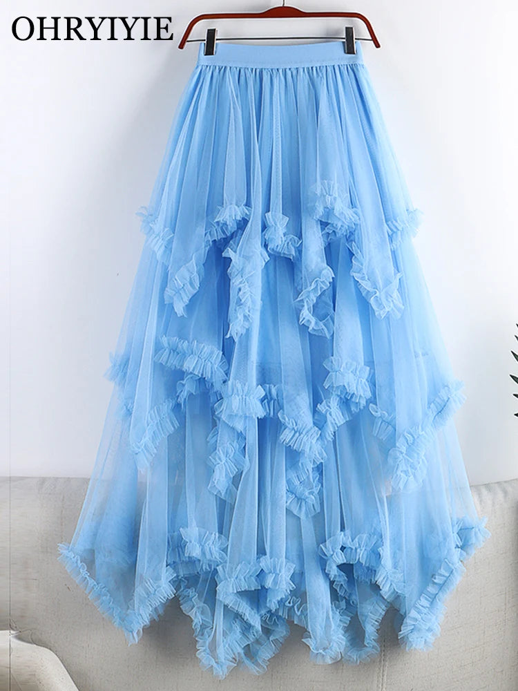 OHRYIYIE New 2024 Irregular Cake Tulle Skirt Women Sweet Midi Long High Waist A Line Skirt Female Blue Mesh Party Skirt Lady