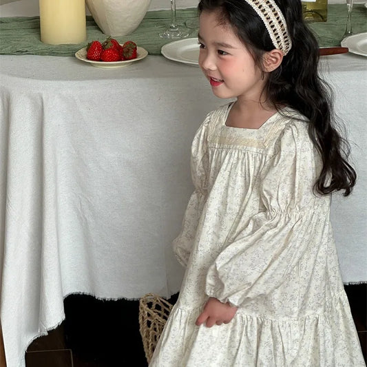 Children Clothing Girls Dress Spring 2024 New Fashionable Girls Floral Puffle-sleeve Cotton Dress Lace French Style Dress