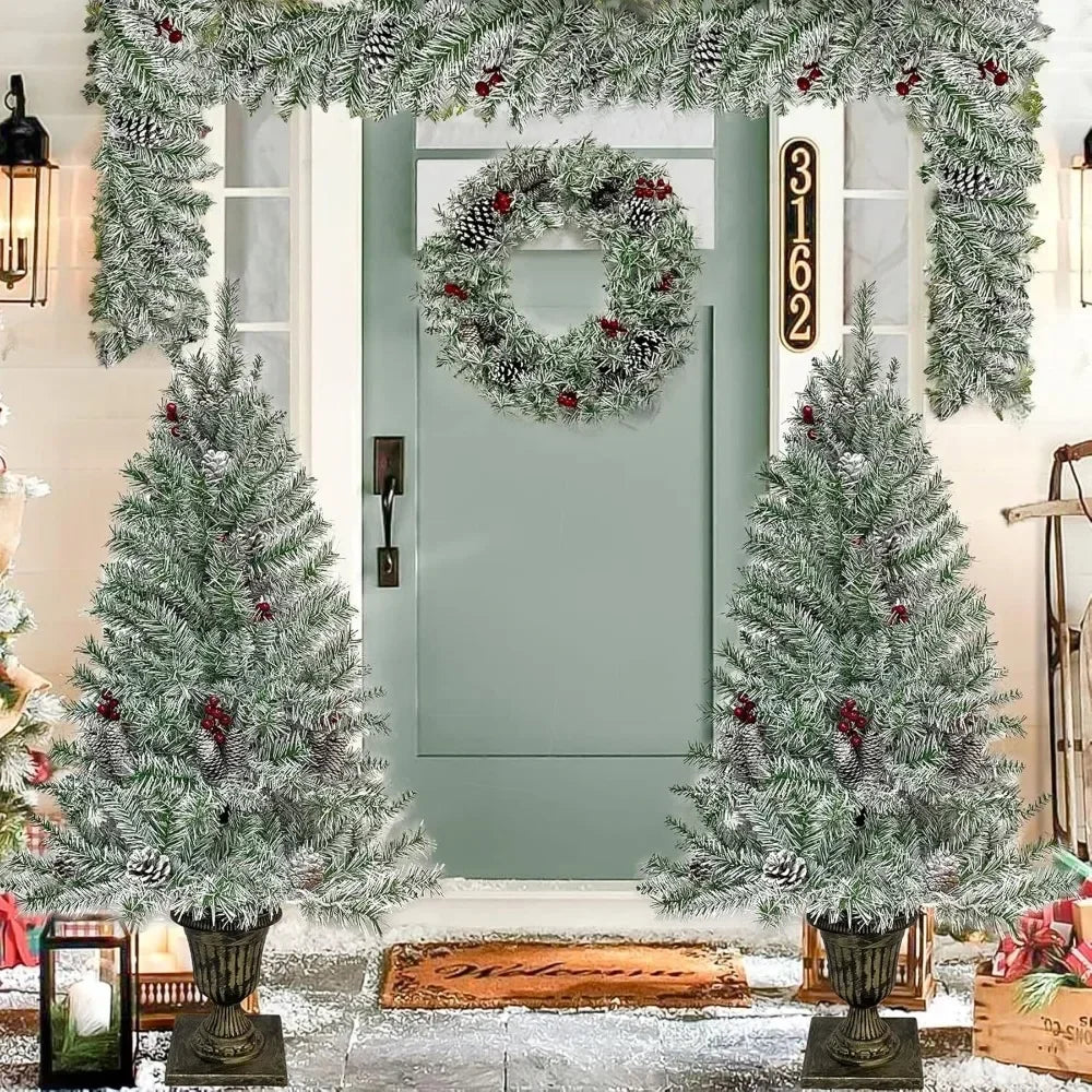 Christmas Decor Xmas Tree Holiday White 4-Piece Set,Wreath, Garland and Entrance Trees Set of 2,with 340 LED Warm Lights