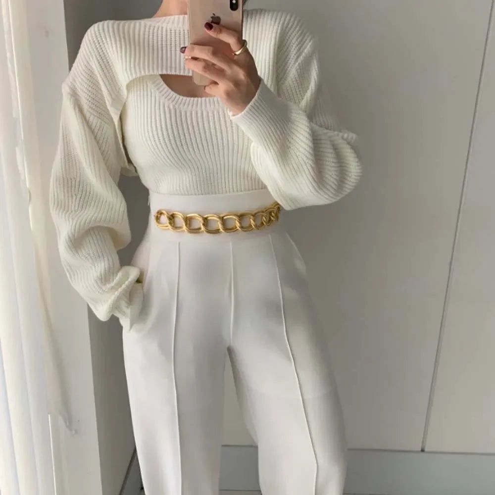 2023 Women Knit White Y2K Bolero 2 Piece Sweater Shrug Ladies Long Sleeve Fall Outfit Clothes Knit Wear Shrug Sweater Cardigan