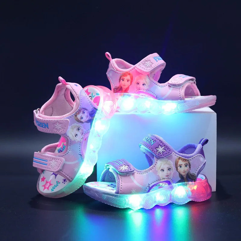 Disney Boys Girls Frozen Elsa Princess Led Light Up Luminous Sports Sandals Summer Kids Sandals Non-slip Toddler Shoes Size 21-3