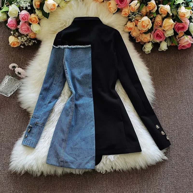 Vintage Patchwork Denim Blazer Women Spring Autumn Notched Long Sleeve Asymmetrical Jacket Office Lady Coat Blazer Mujer