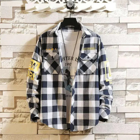 Plaid Shirt Street Style Shirt Plaid Print Men's Cardigan Coat Fall Winter Long Sleeve Formal Top Shirt with Turn-down Collar