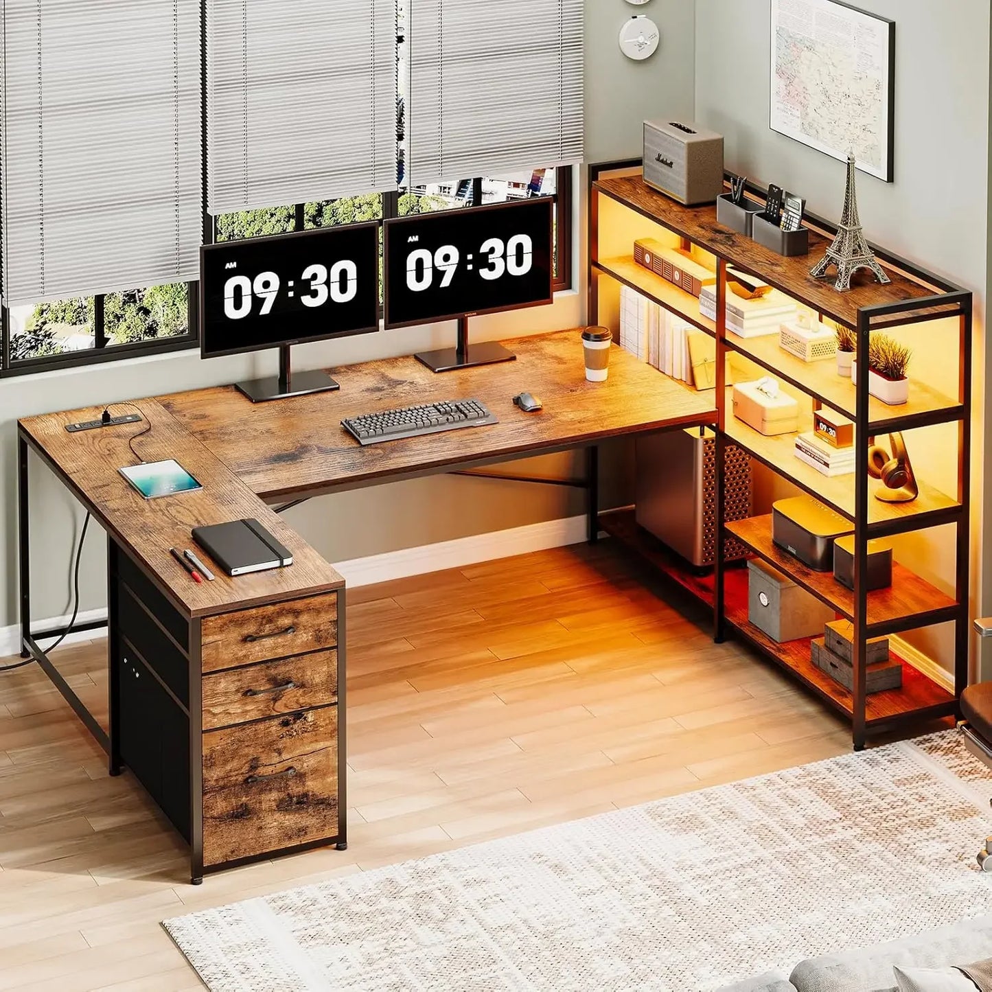 L Shaped Gaming Desk, Reversible U Shaped Computer Desk with Power Outlet and Storage Shelves, Corner Gaming Desk