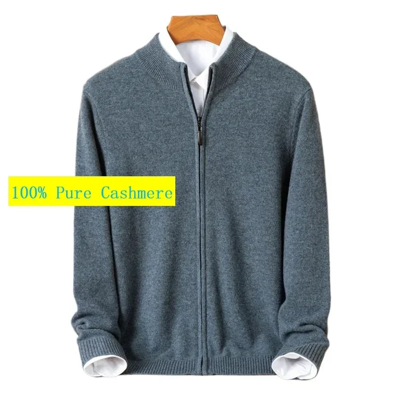 New Arrival 100%Cashmere High quality Men's Long Zipper Cardigan Simple Solid Color Knitted Sweater Jacket Size S MLXL2XL3XL 4XL