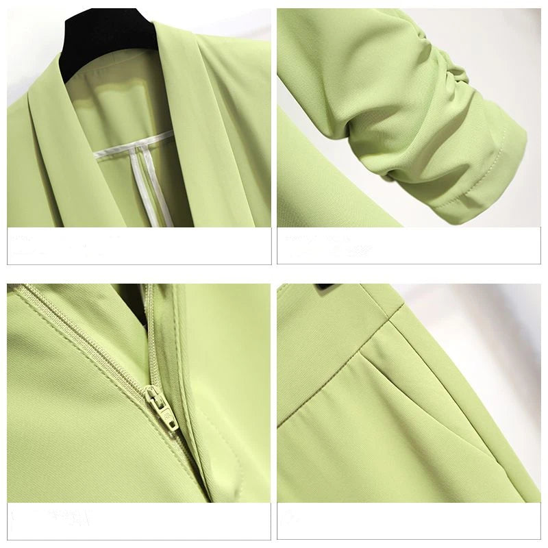 Women Spring Summer Green Blazer Pants Two Pieces Sets 2023 Office Lady Graceful Thin Suit Jacket Trousers Outfits Work Clothing