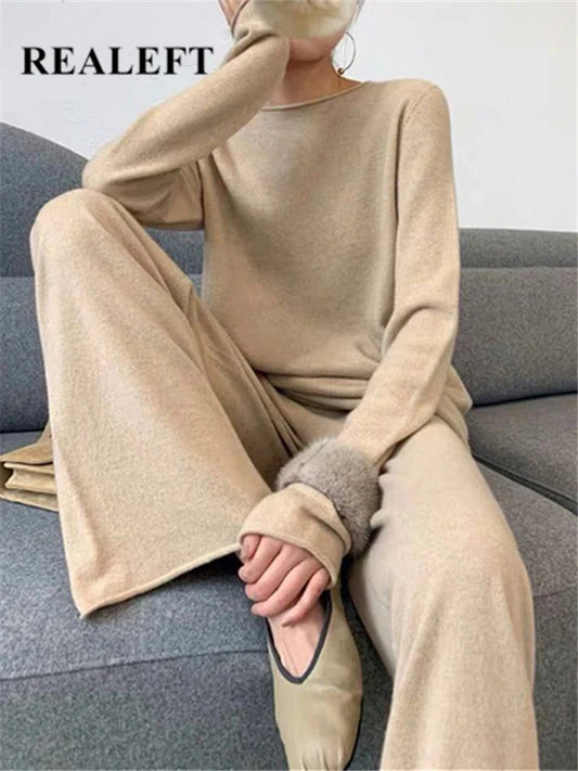 REALEFT Autumn Winter 2 Pieces Women Sets Cashmere Tracksuit 2022 Slash Neck Sweater and Wide Leg Jogging Pants Pullover Suits