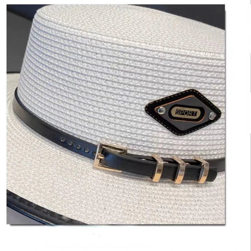 Designer Brand Flat Top Hat Leather Buckle Women's Sun Summer All-in-one Style Holiday Ladies Straw Sun Protection Caps for Men