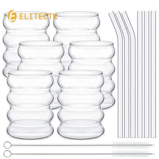 Creative Glass Cups Cute Ripple Shaped Vintage Drinking Glasses Ribbed Glassware with Straws Set for Kitchen Coffee Juice