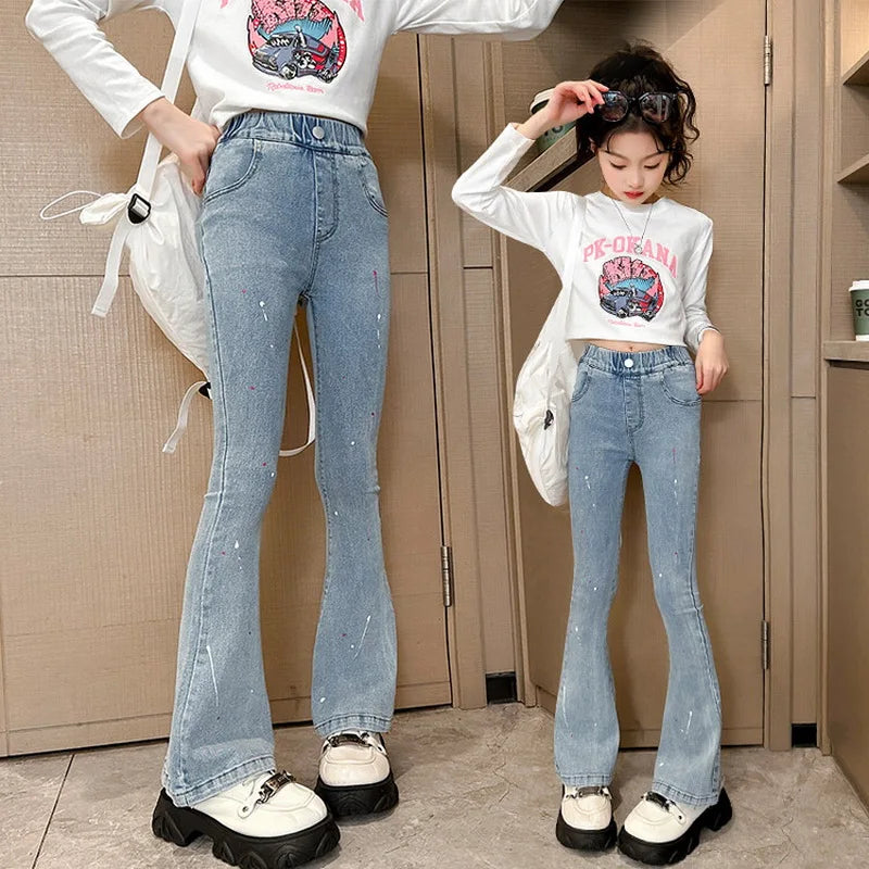 New Spring Autumn Teens Girl Clothes Denim Jeans Fashion Graffiti Harajuku Tight flared Pant Child High Elastic Waist 4-15 years