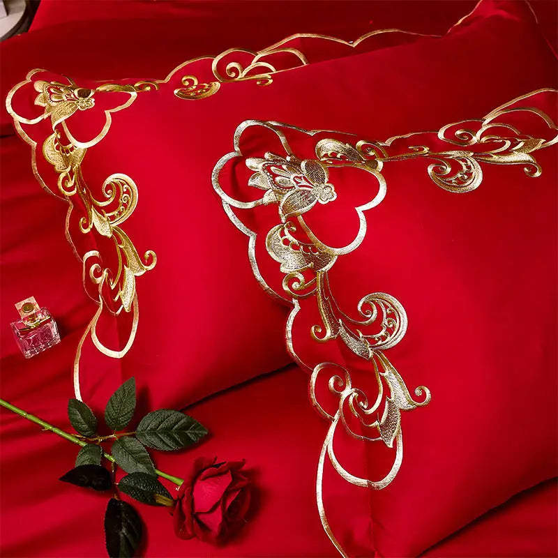 Modern Art Gold Embroidery Bedding Set Luxury Red Egyptian Cotton Wedding Duvet/Quilt Cover Bed Sheet Pillow Shams Bedclothes