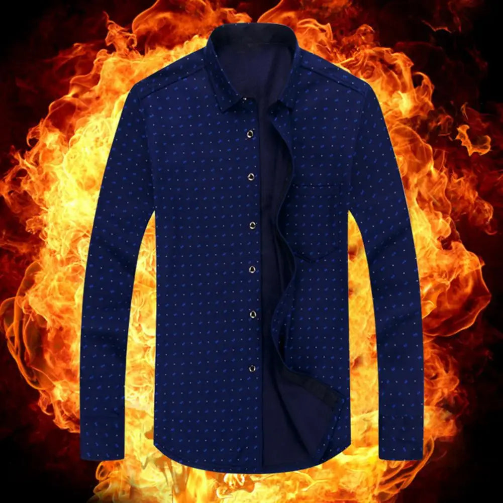 Men Fleece Thermal Shirts Plaid Print Thick Plush Men's Cardigan Shirt for Fall Winter Business Style Lapel Single-breasted