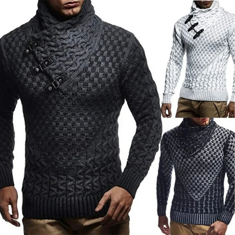 European and American Men's Casual Sweater for Autumn and Winter 2024, Casual Pullover, High-neck, Slim-fit Knitted Sweater