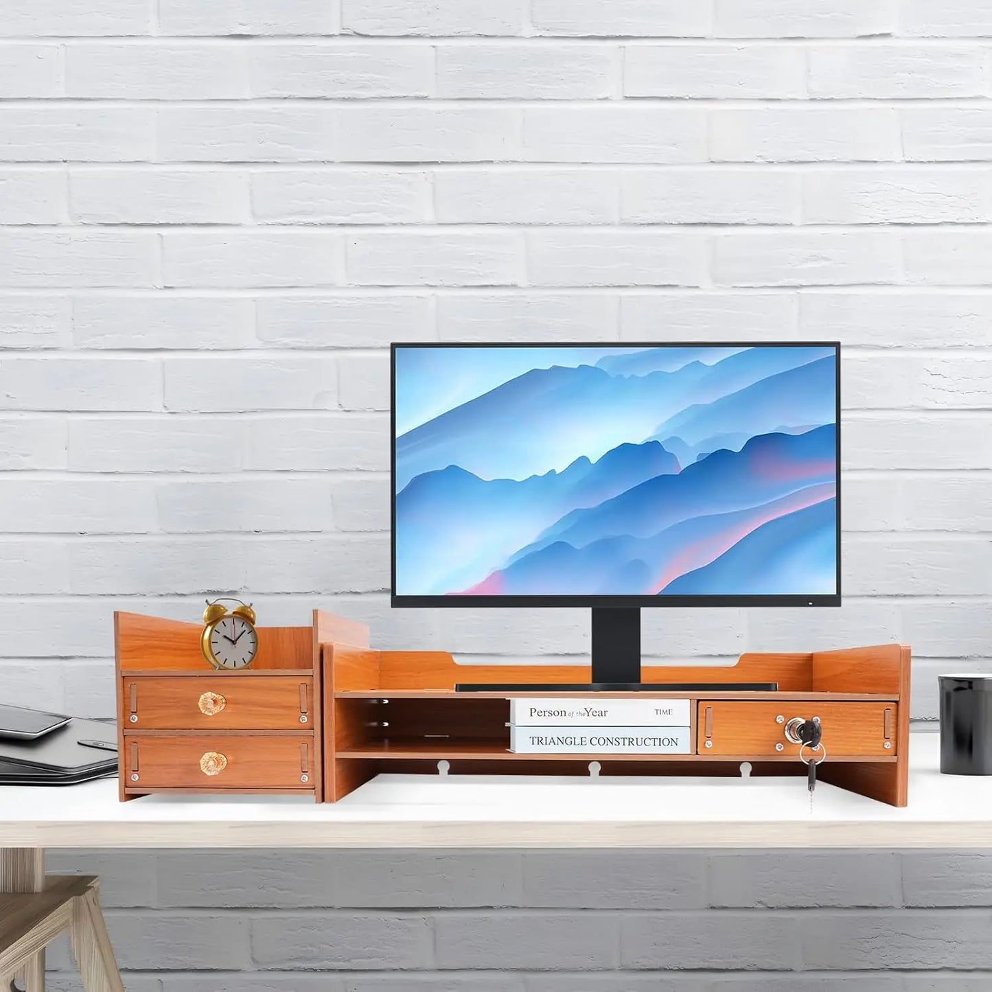 Computer Monitor Stand Desk With Storage,Wood Laptop Stand,Desk Organizer With Drawer For Office, Home, School