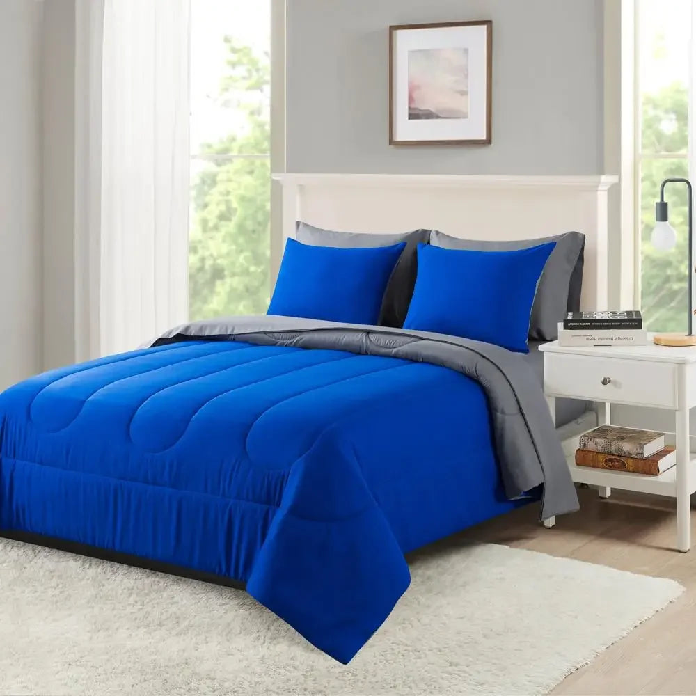 Solid Blue Bed in a Bag Comforter Set Queen Size with Matching Shams and Sheets Soft Polyester Reversible Bedding Set Machine