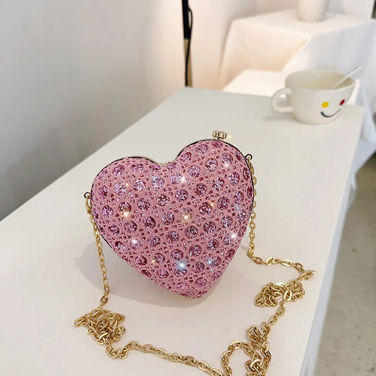 Shiny Rhinestones Women Heart Shape Clutch Purse Lady Gold Evening Minaudiere Bags Bridal Wedding Handbags Formal Party Purses