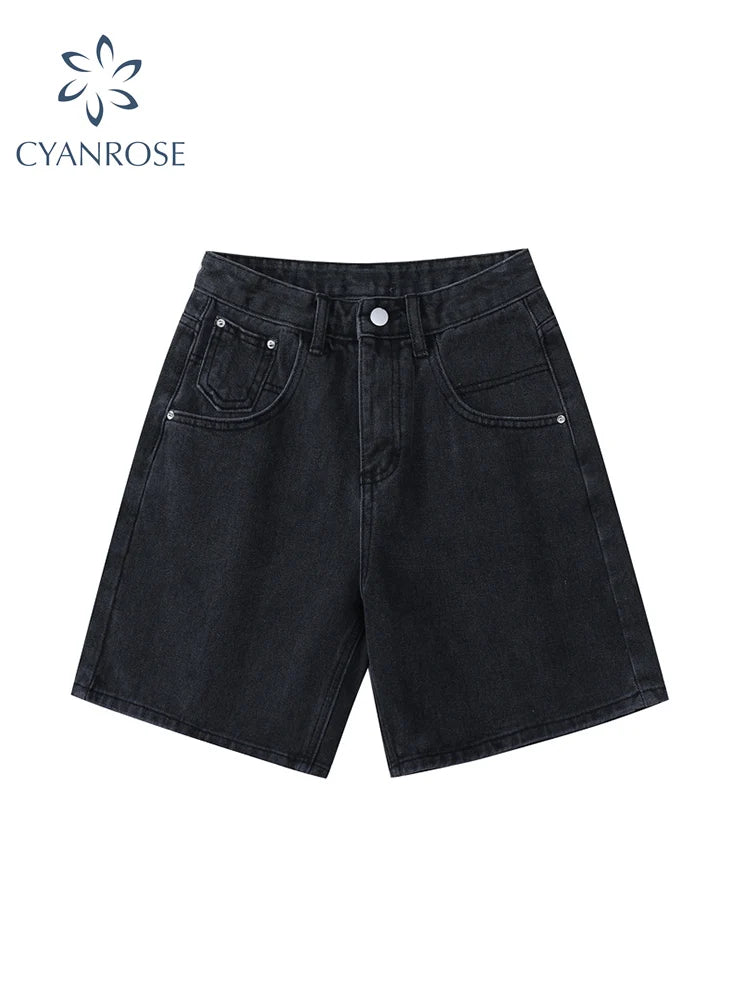 2022 Summer Women's High Waist Denim Shorts Casual Loose Ladies Plus Size Streetwear Fashion Button Wide Leg Short Jeans Female