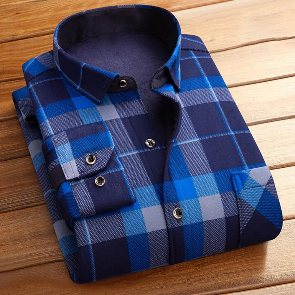 Men Fleece Thermal Shirts Plaid Print Thick Plush Men's Cardigan Shirt for Fall Winter Business Style Lapel Single-breasted