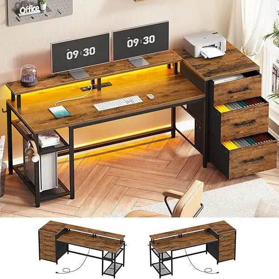 59" Office Desk with Drawers, Reversible Computer Desk with File Drawers & Storage, Gaming Desk with LED Lights & Power Outlet