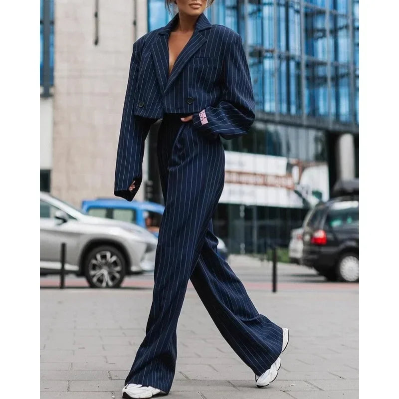 2024 Spring Summer New Women's Suit Solid Color Striped Short Style Lapel Suit Straight-Leg Pants Suit Blazer Jacket Long Pants