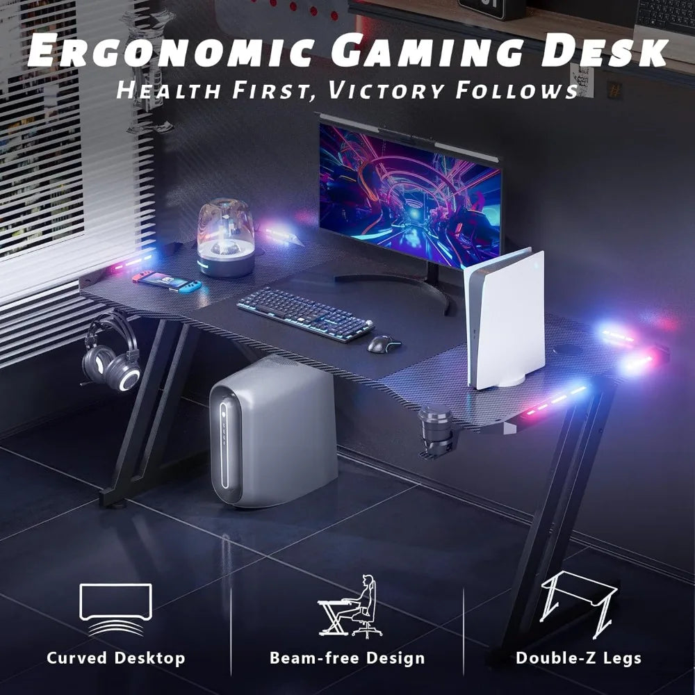 63 Inch Gaming Desk with LED Lights Carbon Fibre Surface Gaming Table Large Computer Desk Ergonomic Home Office Desks Z Shaped