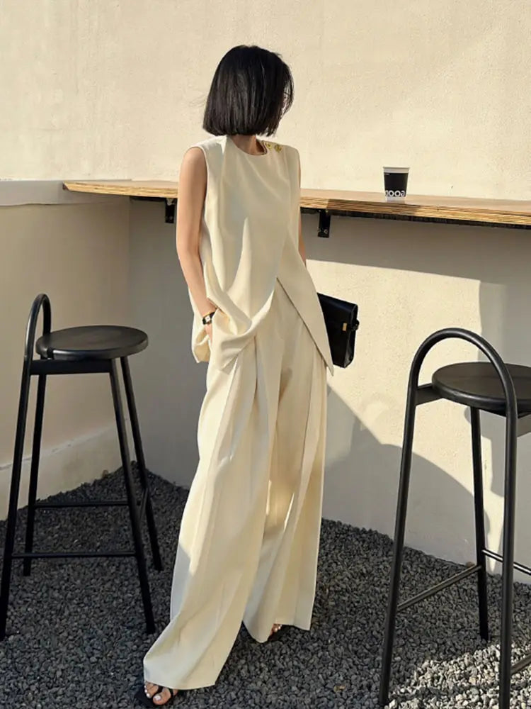 Vintage Elegant Blazer Vest Set Chic Sleeveless Solid Tank Top and Wide Leg Trousers Pantsuit Outfits 2024 Summer Korean Clothes