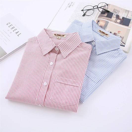 White Blue Pink Striped Shirt Women 2024 Spring New Simple Casual Long Sleeves Blouses and Tops Office Fashion Ladies Clothes