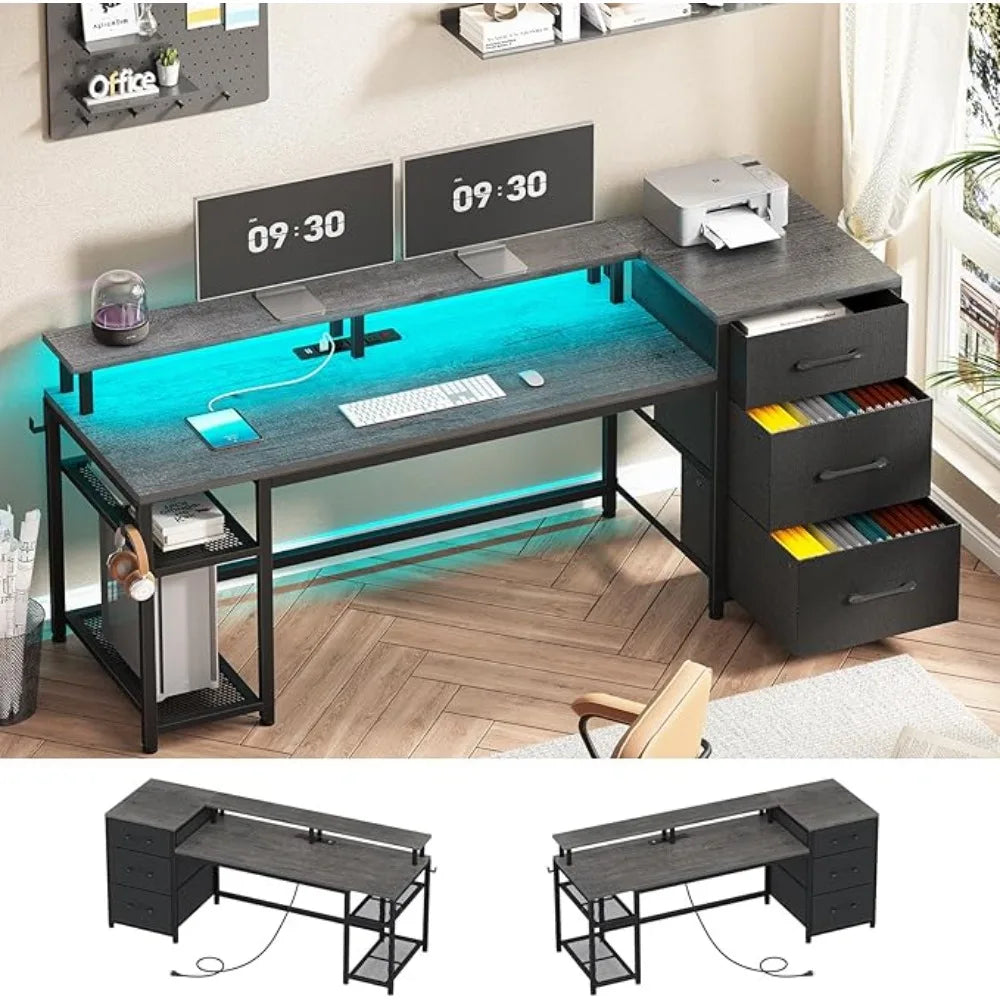 59" Office Desk with Drawers, Reversible Computer Desk with File Drawers & Storage, Gaming Desk with LED Lights & Power Outlet