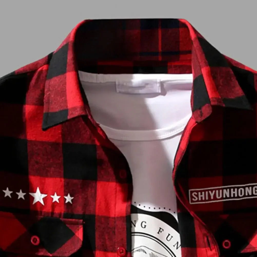 Plaid Shirt Street Style Shirt Plaid Print Men's Cardigan Coat Fall Winter Long Sleeve Formal Top Shirt with Turn-down Collar