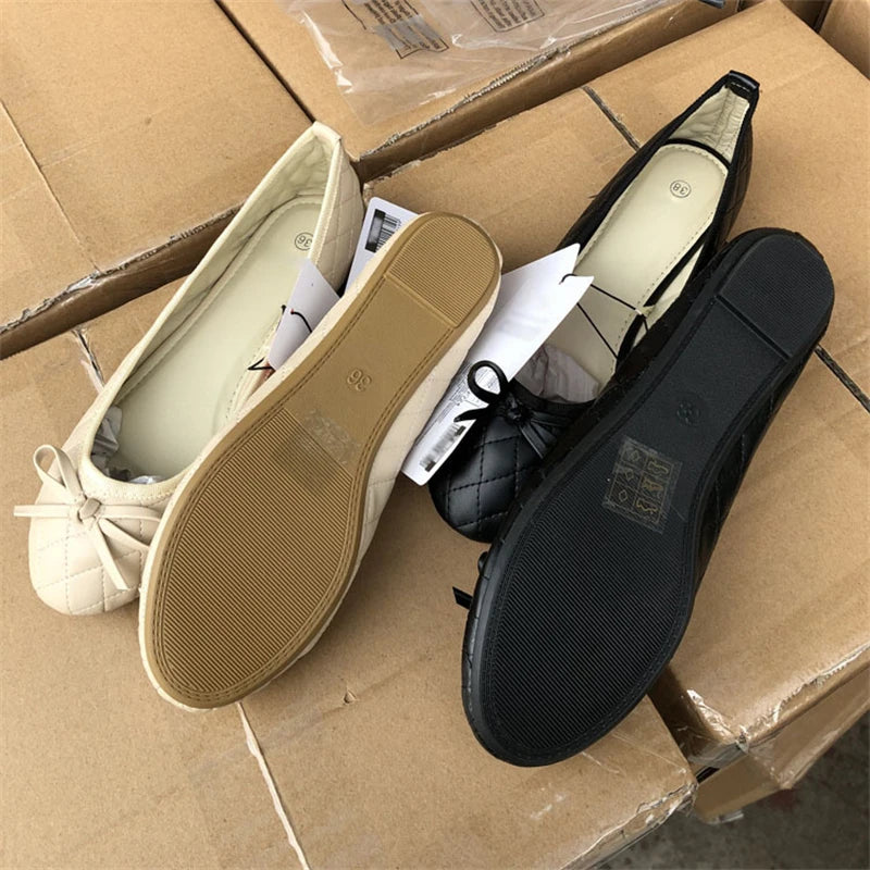 Spring Autumn Elegant Bowknot Ballerina Flat Women's Round Toe Comfort Slip-On Ladies Loafers Leather Single Mules Shoes