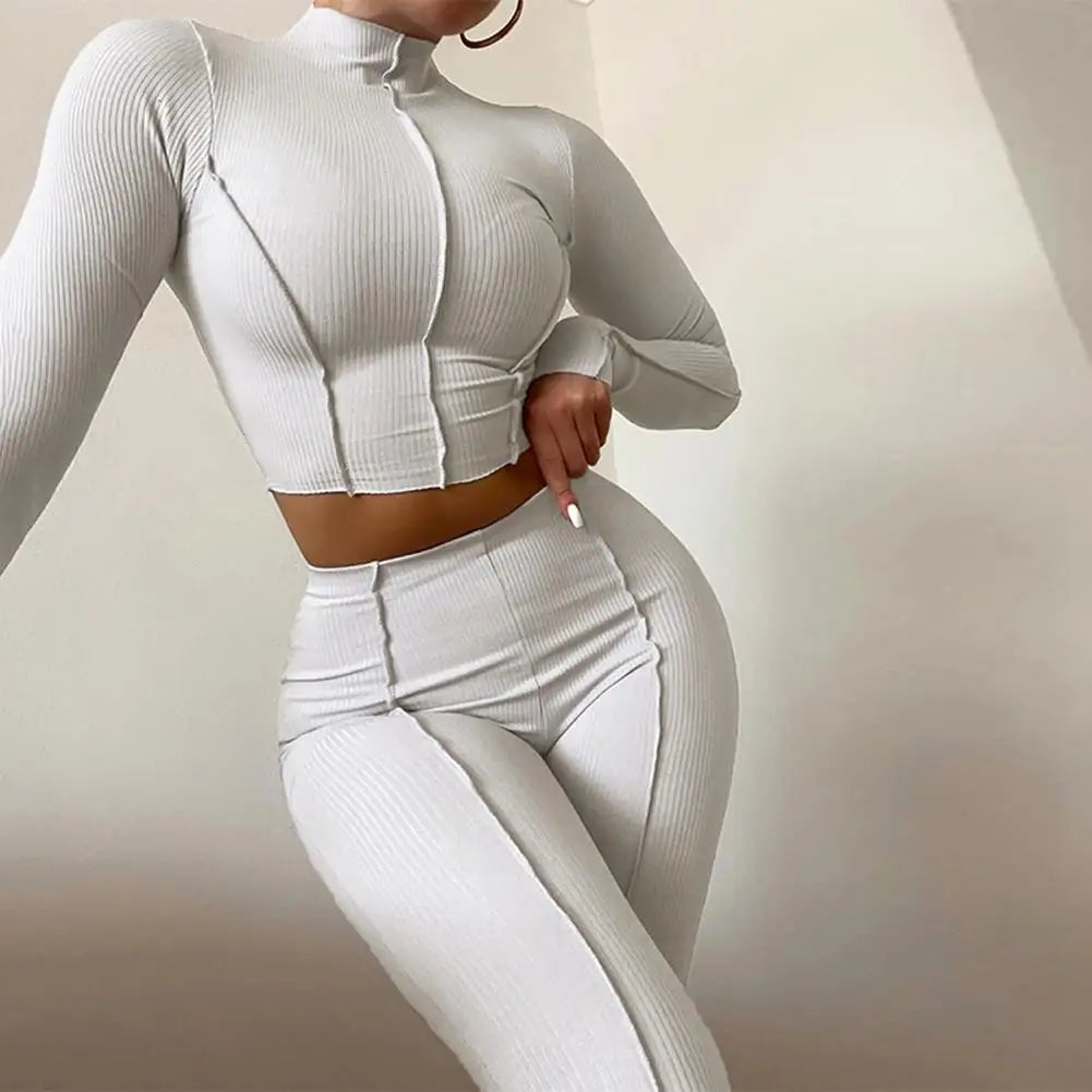 Women Long Sleeve Bodycon Jumpsuit Autumn Bright Line Decoration Butt-lifted Lady Tracksuit Crop Top Pants Suit Sexy Club Outfit